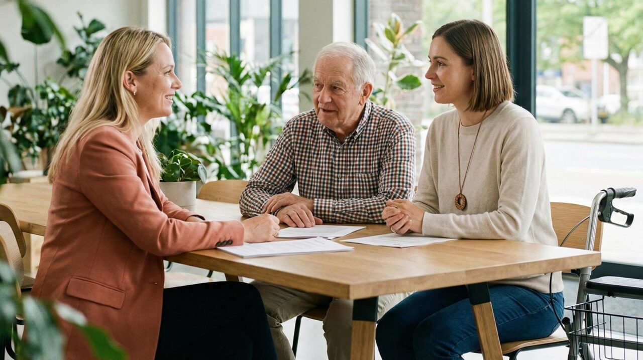 Eine Beraterin in einem lachsfarbenen Blazer spricht mit einem Senioren und einer jüngeren Frau an einem Holztisch in einem hellen, modernen Büro mit großen Fenstern. Ein Rollator steht neben dem Tisch.